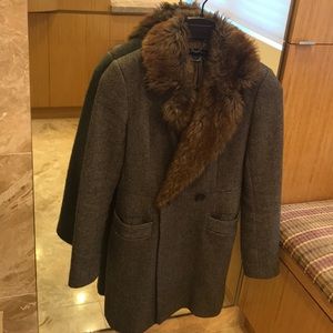 French Connection Gray Pea Coat with Brown Fur Collar